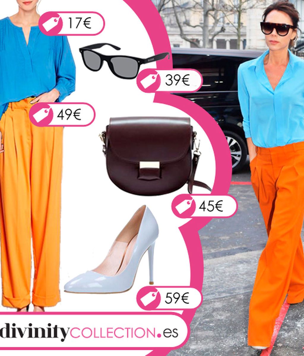 Consigue el look de Victoria Beckham con pantalón naranja y blusa azul