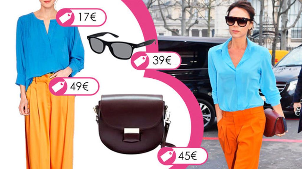 Consigue el look de Victoria Beckham con pantalón naranja y blusa azul Consigue el look de Victoria Beckham con pantalón naranja y blusa azul