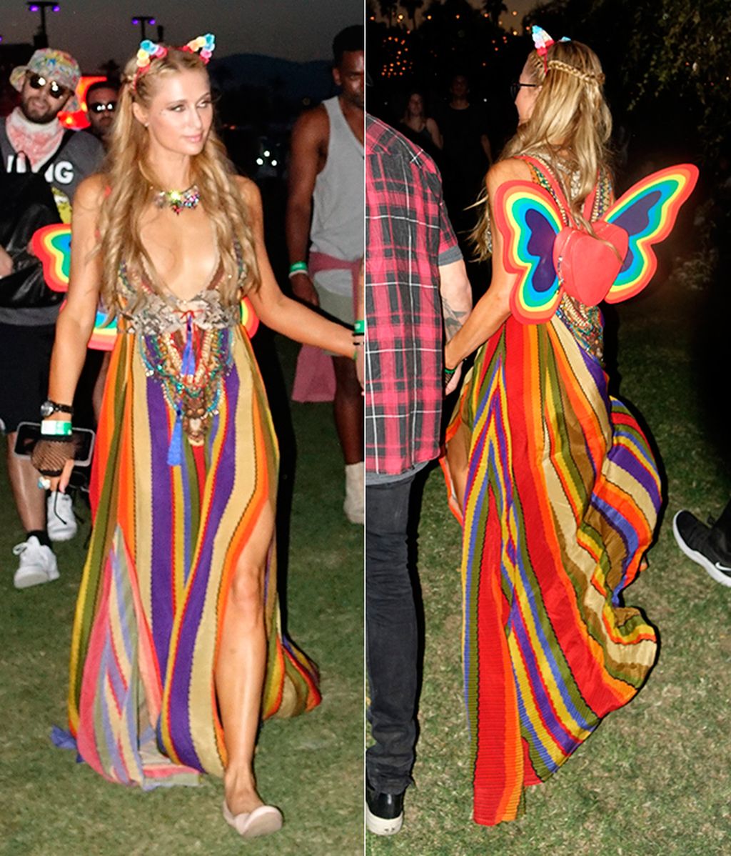 Paris Hilton con vestido arcoíris y alas de mariposa