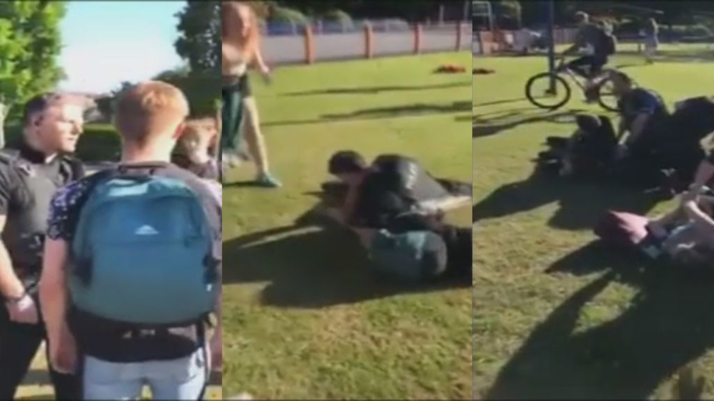 Brutal pelea entre policías y adolescentes en Tauton, Inglaterra