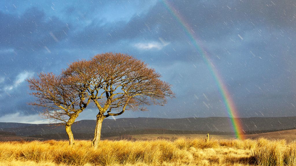 La primera nieve con un arcoíris en Sheffield, Reino Unido