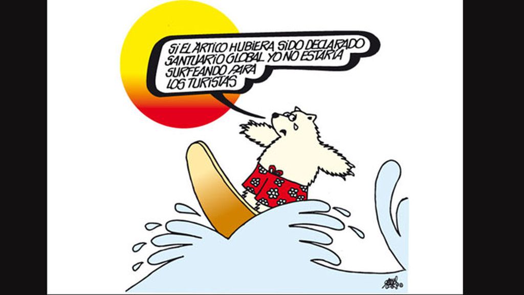 En tabla de surf y bajo un sol abrasador representa Forges la situación crítica del Ártico