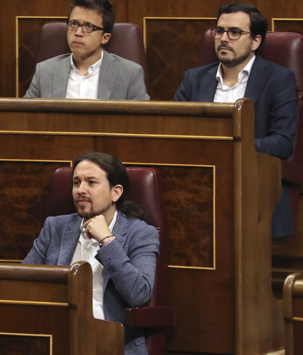 Iglesias, Errejón y Garzón, pendientes de la intervención de Montero