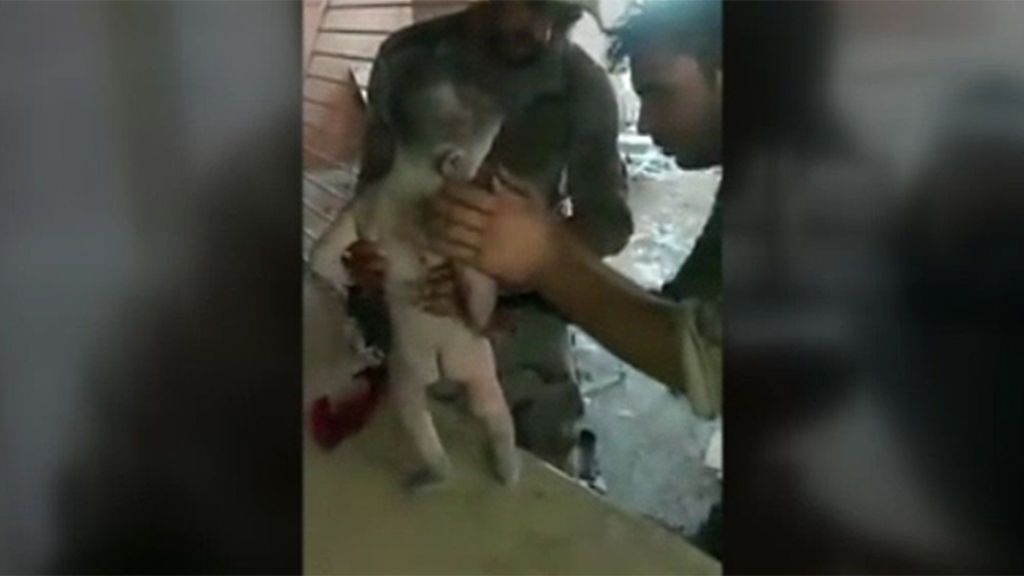 Soldados iraquíes cuidan a un bebé encontrado entre las ruinas de la guerra en Mosul