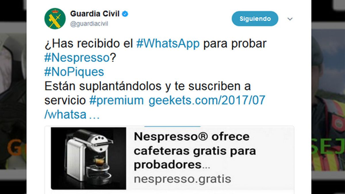 La Guardia Civil alerta del timo de Nespresso por WhatsApp
