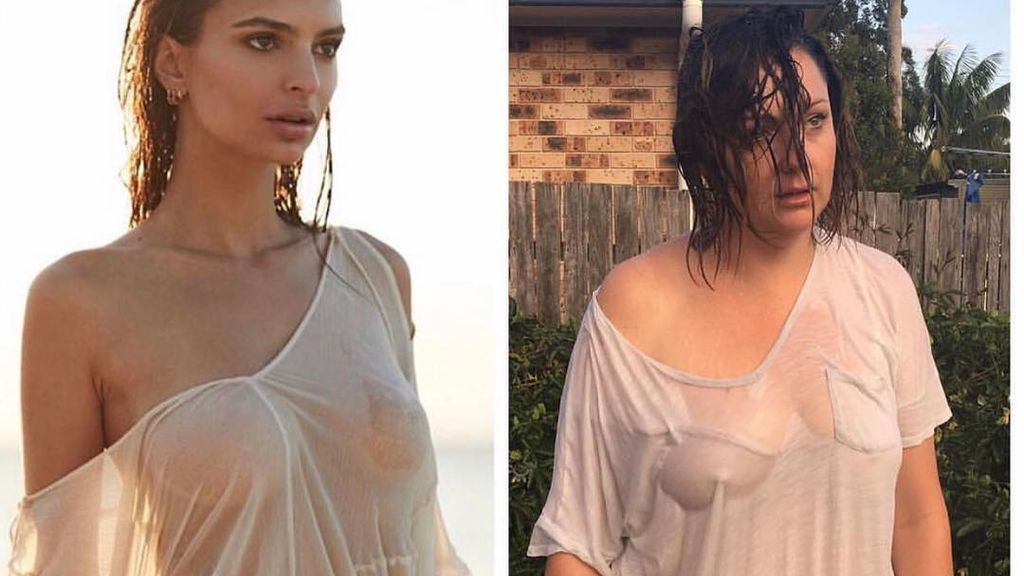 Celeste Barber imitando una fotografía de la modelo Emily Ratajkowski