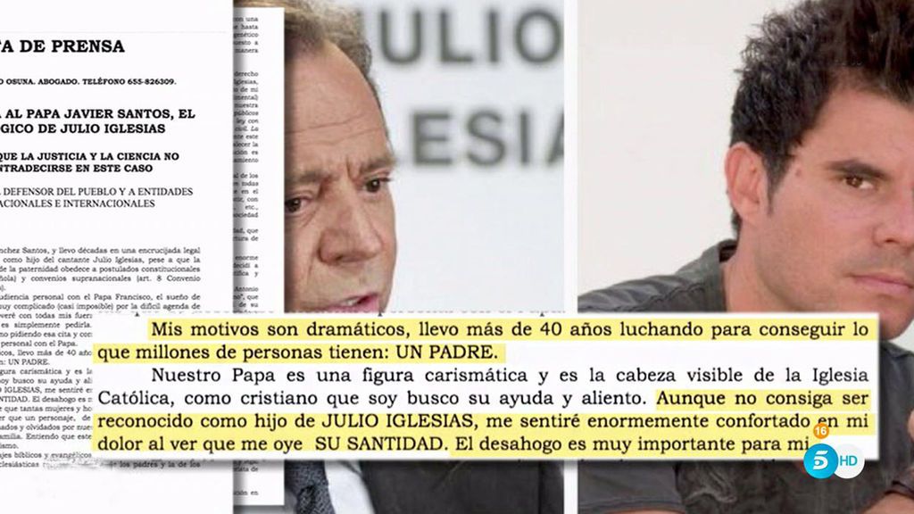 Javi Santos pide al Papa Francisco que le reconozca como hijo de Julio Iglesias