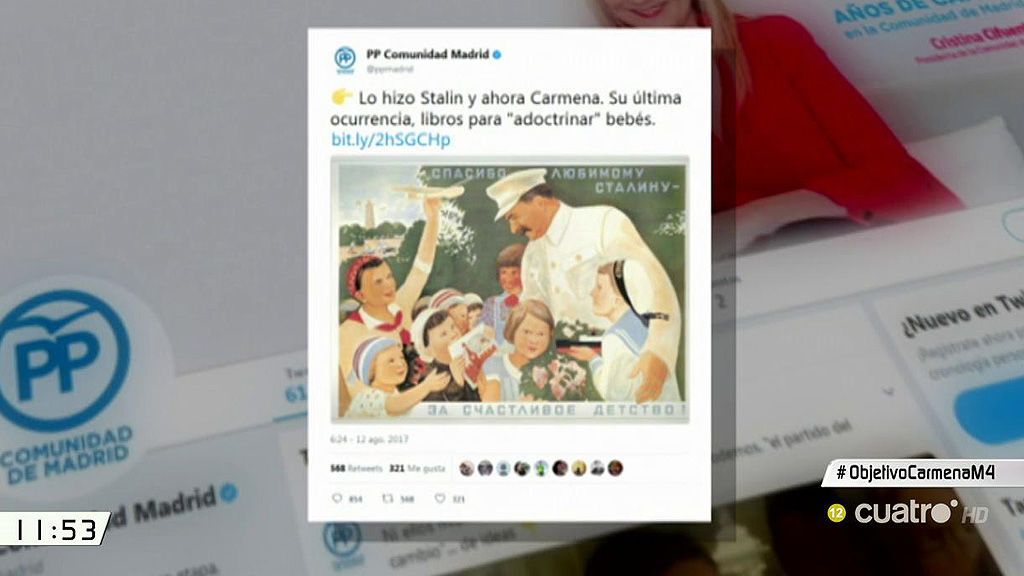 El PP de Madrid, en Twitter: "Lo hizo Stalin y ahora Carmena. Su última ocurrencia, libros para 'adoctrinar' bebés"