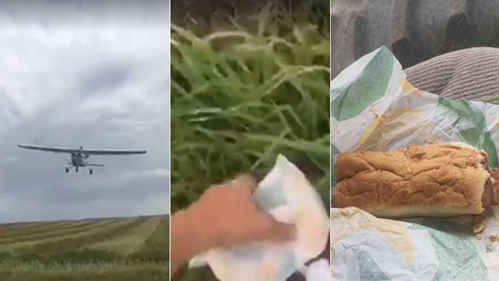 Utiliza una avioneta para lanzarle un bocata a su atareado y hambriento amigo granjero
