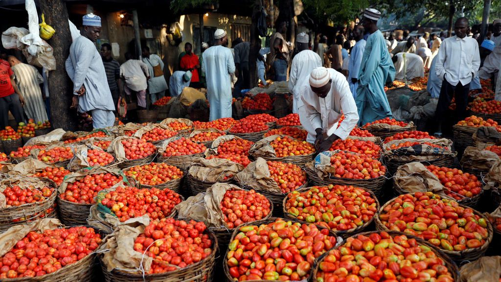 La gente pasea entre cestas de tomates en un mercado en Kano, al noroeste de Nigeria
