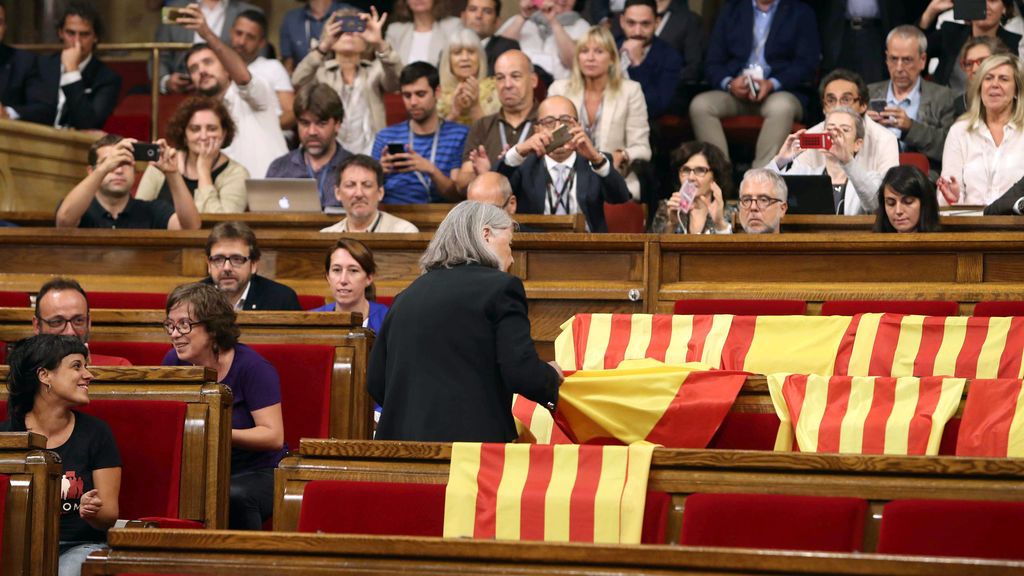 Una diputada de Sí que es Pot retira las banderas españolas del PP