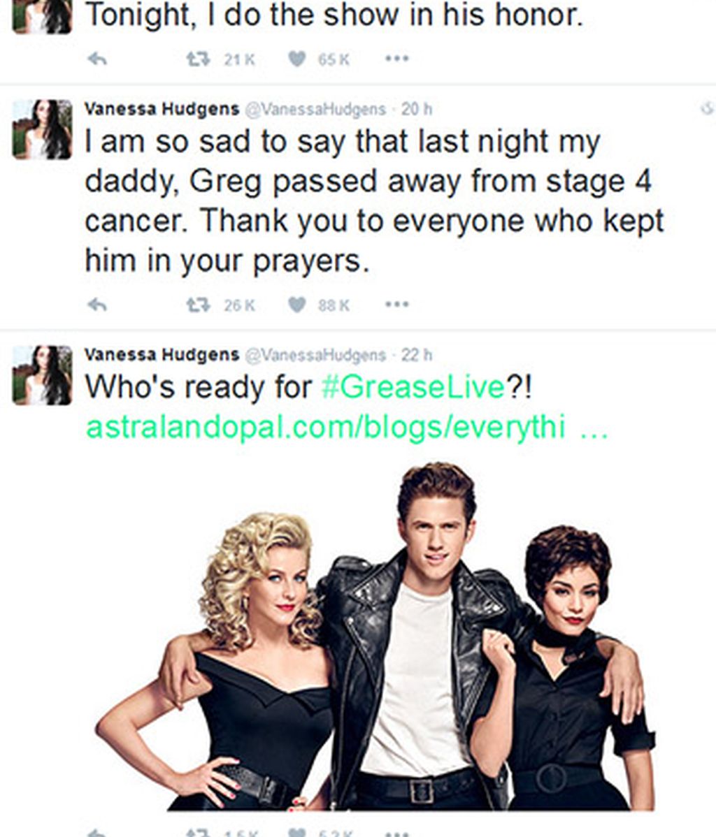 Tuit Vanessa Hudgens fallecimiento de su padre