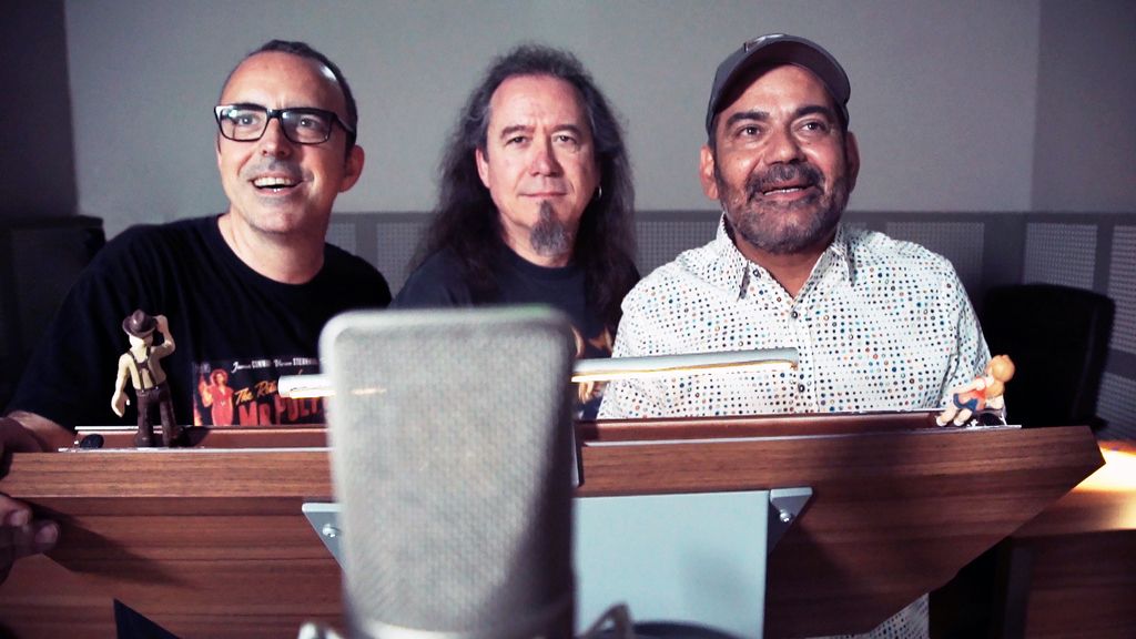 Óscar Barberán (Tadeo Jones), Luis Posada (Momia) y José Corbacho (taxista) en el doblaje de 'Tadeo Jones 2. El secreto del Rey Midas'