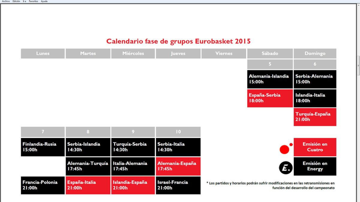 Calendario Eurobasket