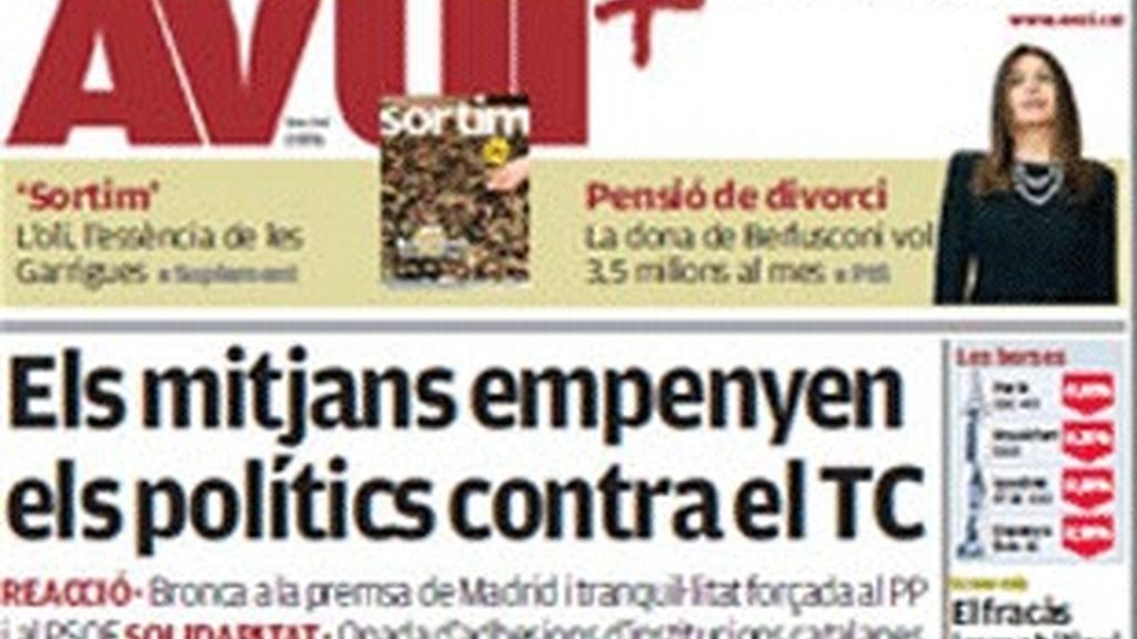 La portada del diario 'Avui' del 27 de noviembre de 2009.