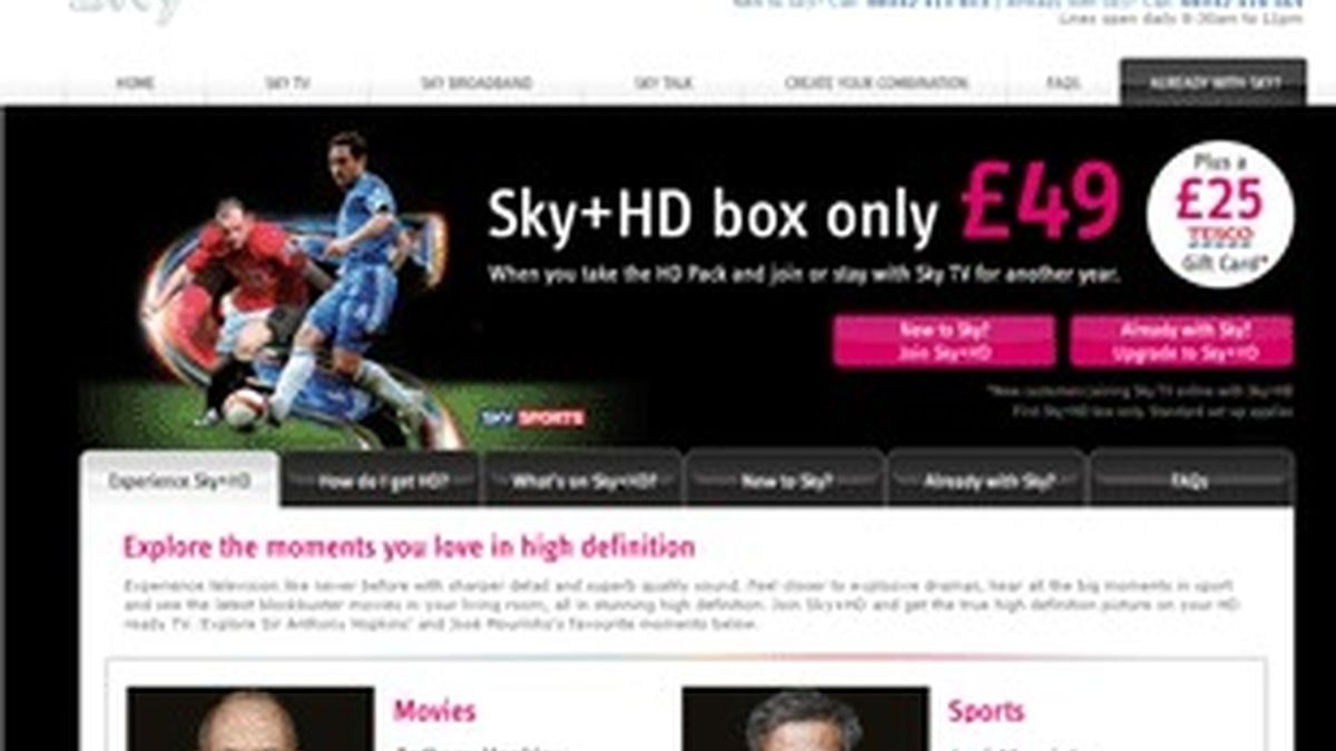 Página web del canal Sky+HD.