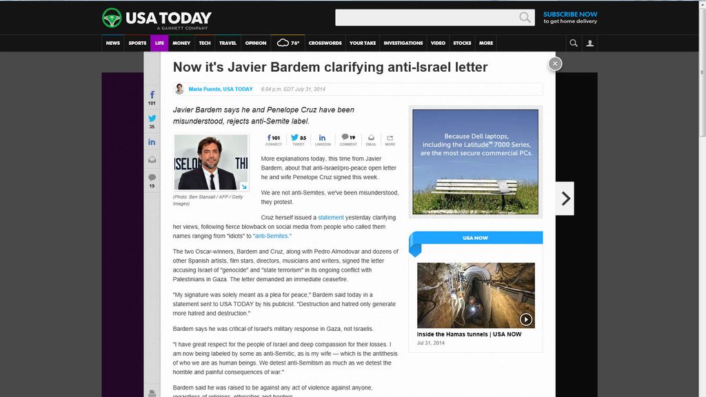 Pantallazo Bardem 'USA Today'