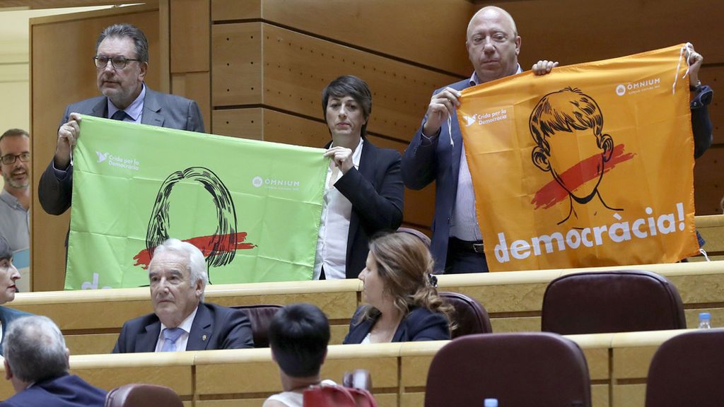 El PDeCAT inicia el pleno del Senado exhibiendo banderas con la palabra ‘democracia’