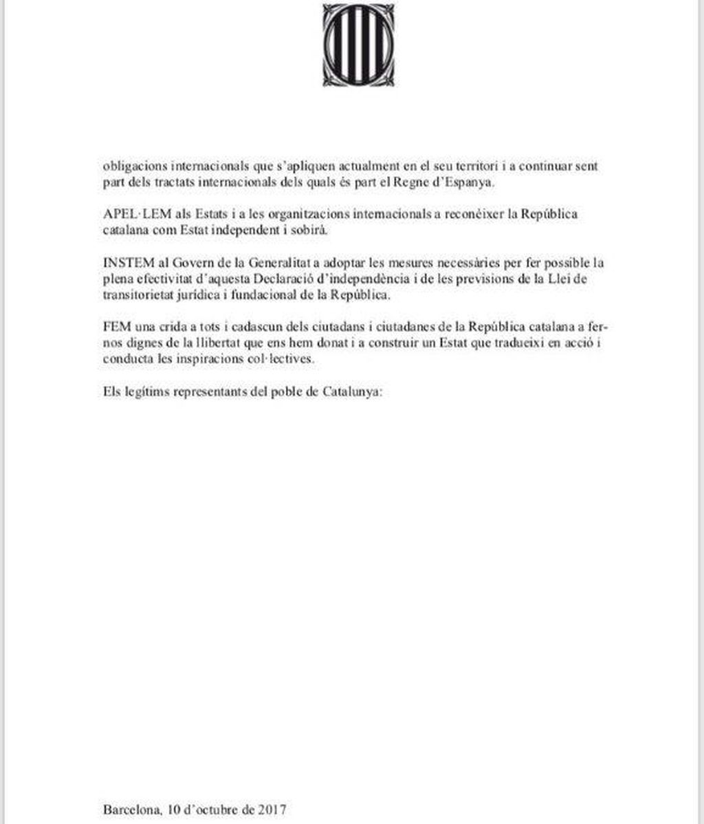 Documento que ha firmado parte del Parlament