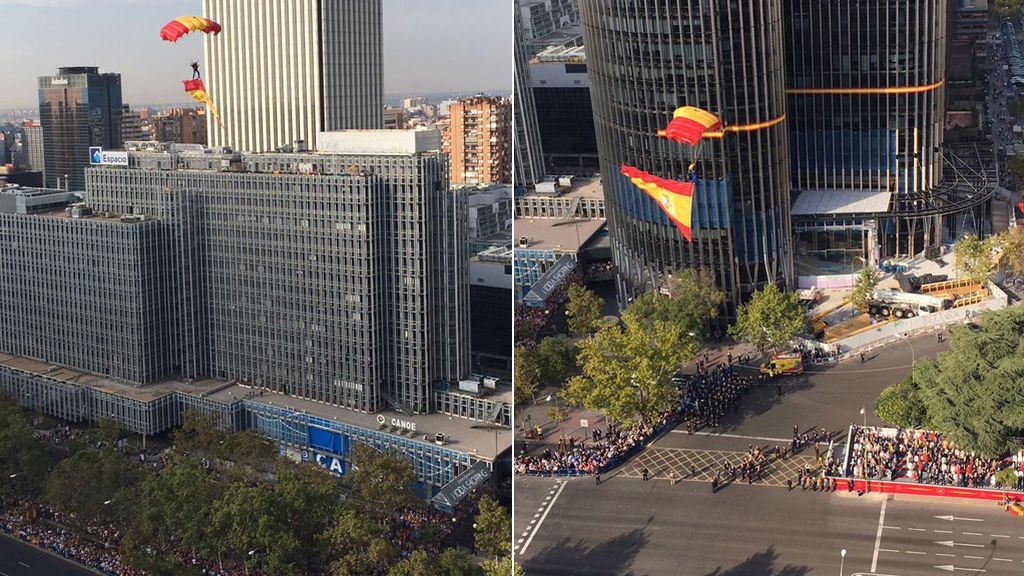 El impresionante salto de un paracaidista durante el desfile de la Fiesta Nacional