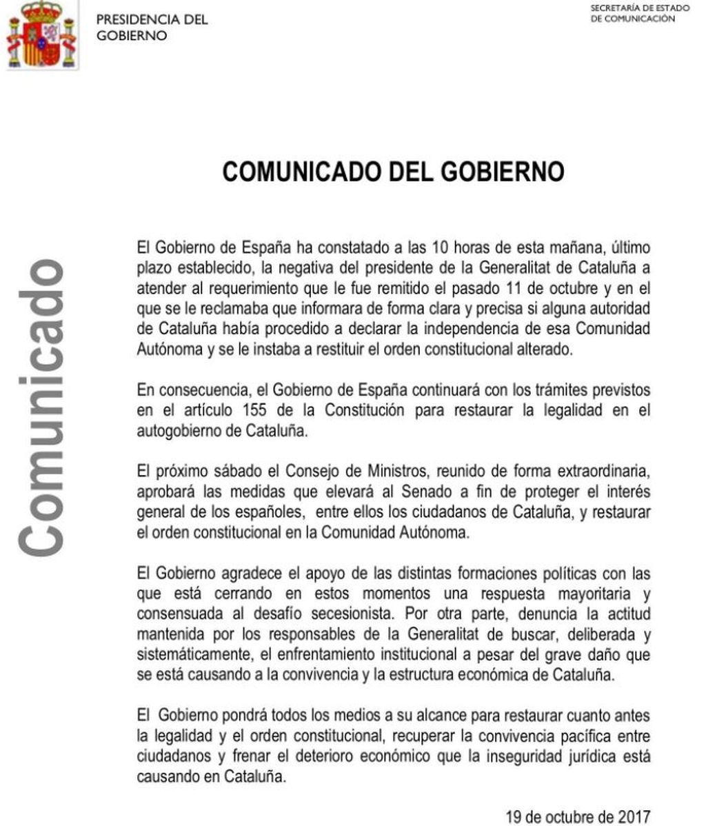 Comunicado del Gobierno