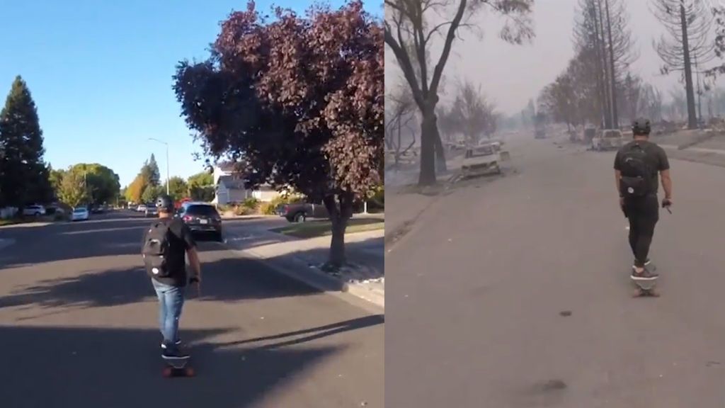 California, el antes y después de los incendios en Santa Rosa vistos desde un monopatín