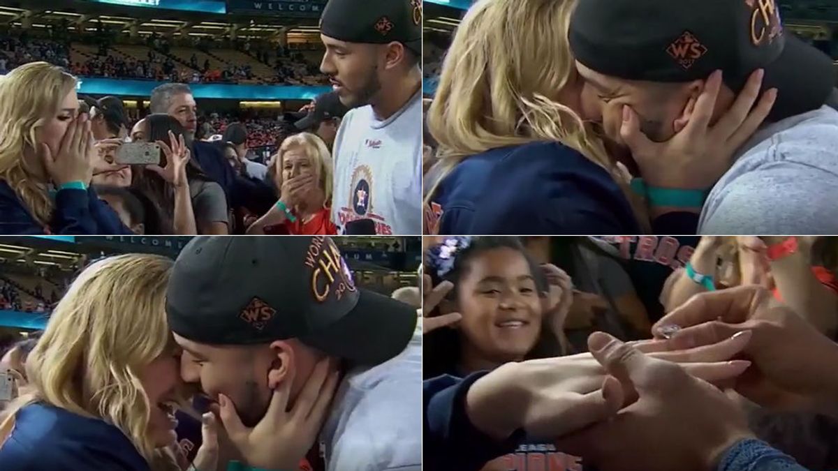 Un jugador pide matrimonio a su mujer en plena celebración del título de Los Astros ante los Dodgers