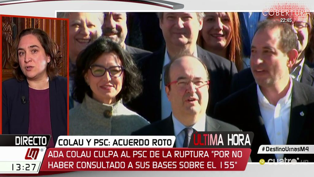 Ada Colau rompe con el PSC: “Se alejaron del catalanismo de izquierdas al apoyar alianzas de derechas”