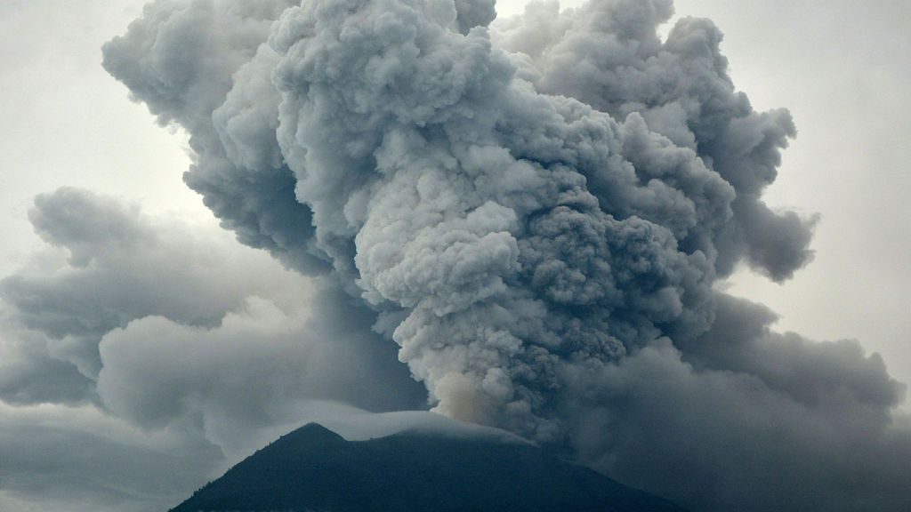 Eruption of Mount Agung as seen from Kubu village in Karangasem, Bali, Indonesia