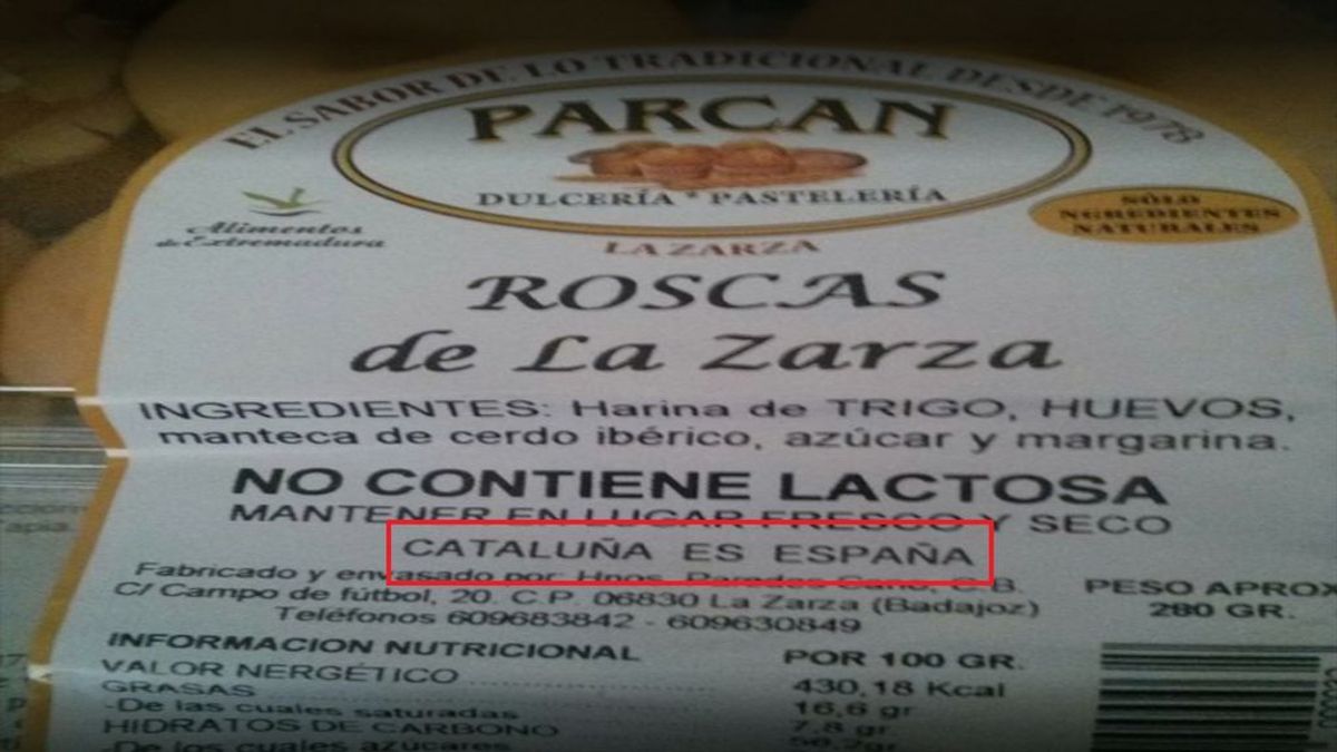 Una pastelería de Badajoz incluye en la etiqueta de sus productos el mensaje 'Cataluña es España'