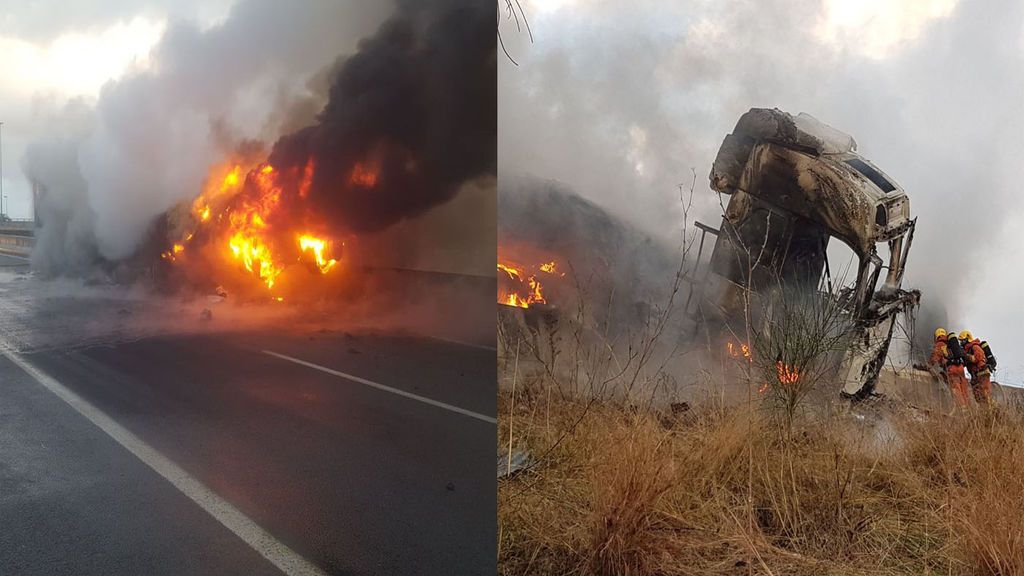Un camión vuelca y se incendia en la A7 a la altura de Silla