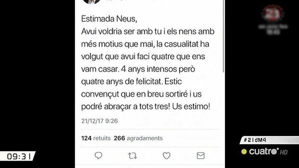 El tuit de Junqueras a su esposa en su aniversario: “Hoy querría estar contigo y con los niños con más motivos que nunca”