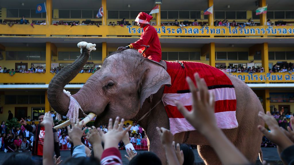 Un elefante vestido con un traje de Santa Claus distribuye una muñeca a los estudiantes durante las celebraciones de Navidad en la escuela Jirasart en Ayutthaya, Tailandia