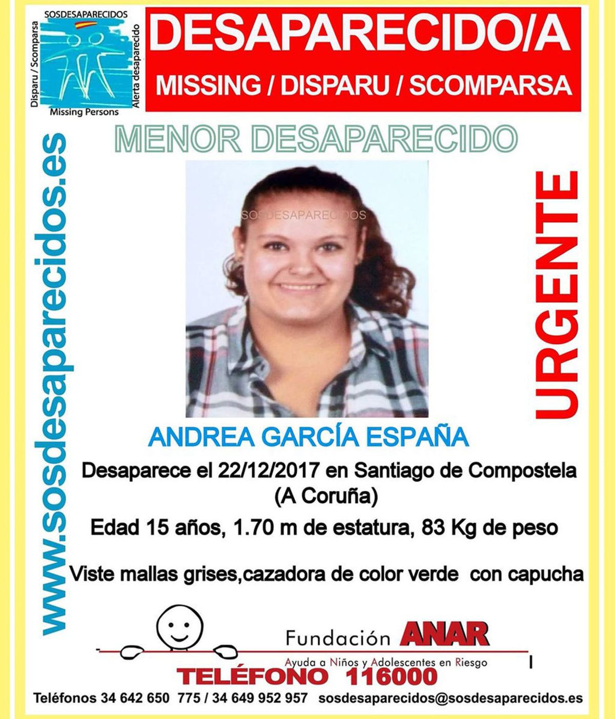 Buscan a Andrea García, una menor desaparecida en Santiago desde el viernes