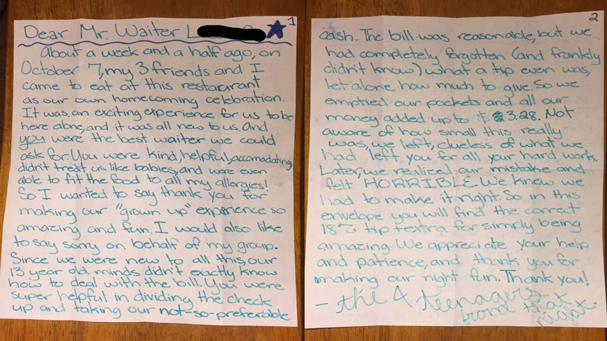 Adolescentes dejan una emocionante nota a un camarero al que le habían dejado una escasa propina