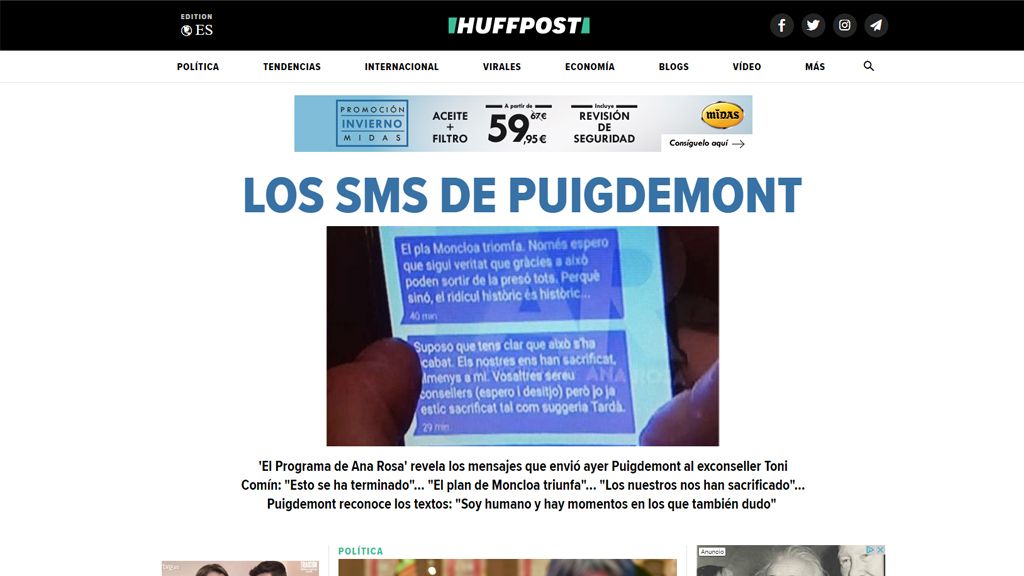 La exclusiva de 'AR' con los mensajes de Puigdemont, portada de los principales diarios