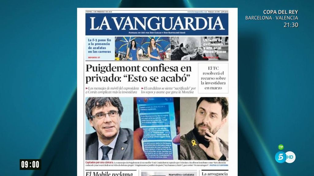 Los principales periódicos llevan en sus portadas la exclusiva de los mensajes de Puigdemont