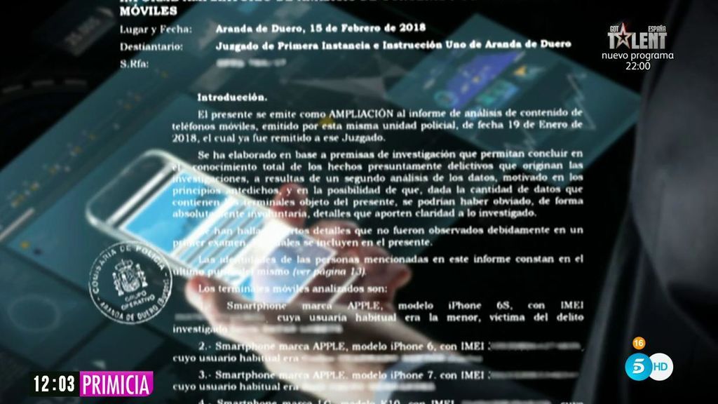 Informe teléfonos Arandina: Lucho tenía en su móvil 5 imágenes en ropa interior de la menor