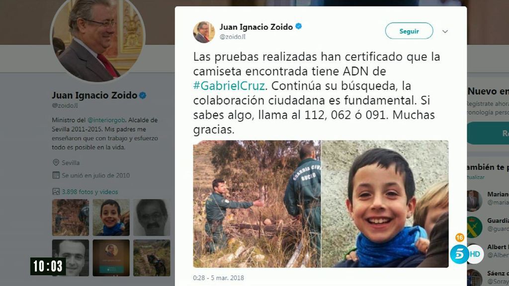 Ignacio Zoido confirma que la camiseta encontrada tiene restos de ADN del pequeño Gabriel