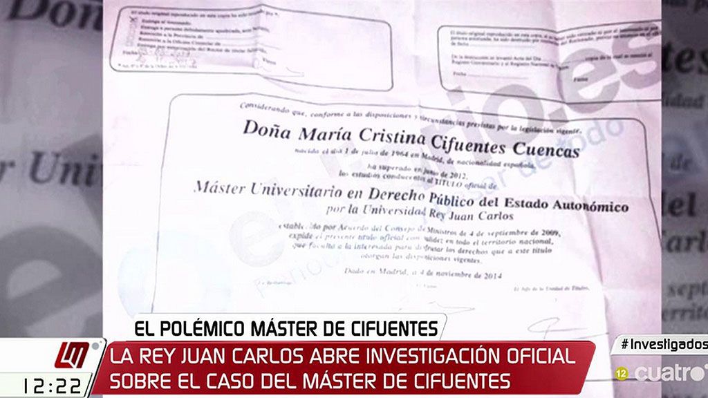 El título del Máster de Cifuentes tiene fecha de junio de 2012, un mes antes de que presentara su proyecto