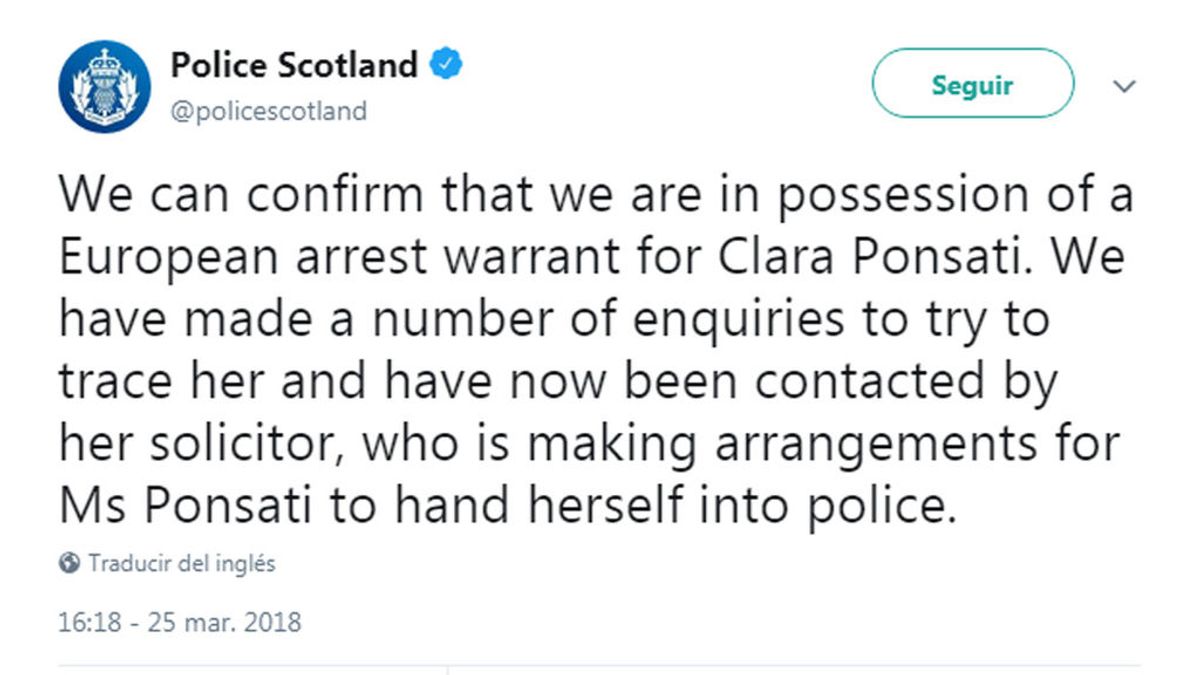 La policía escocesa pide a la exconsellera Clara Ponsatí que se entregue