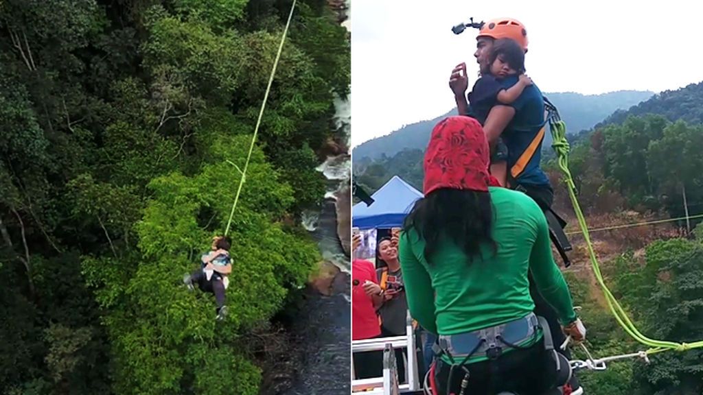 La temeridad del deportista Redha Rozlan haciendo 'puenting' con su hija de dos años en brazos