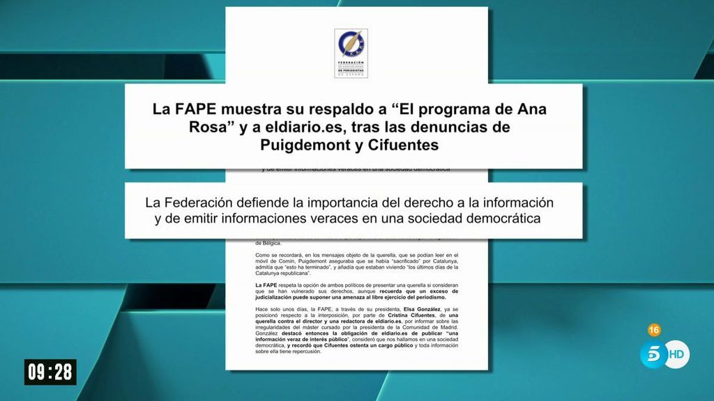La FAPE muestra apoyo a 'El Programa de Ana Rosa' ante la denuncia de Puigdemont