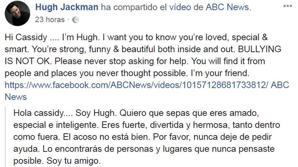 Hugh Jackman apoya a la niña víctima de bullying