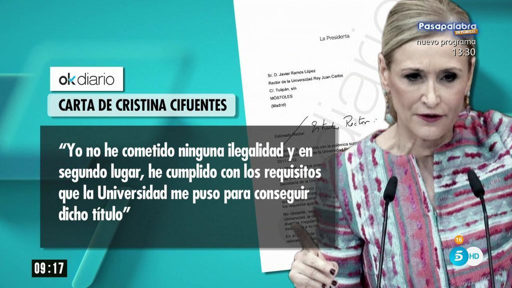 Cristina Cifuentes renuncia a su máster en una carta escrita al rector de la URJC