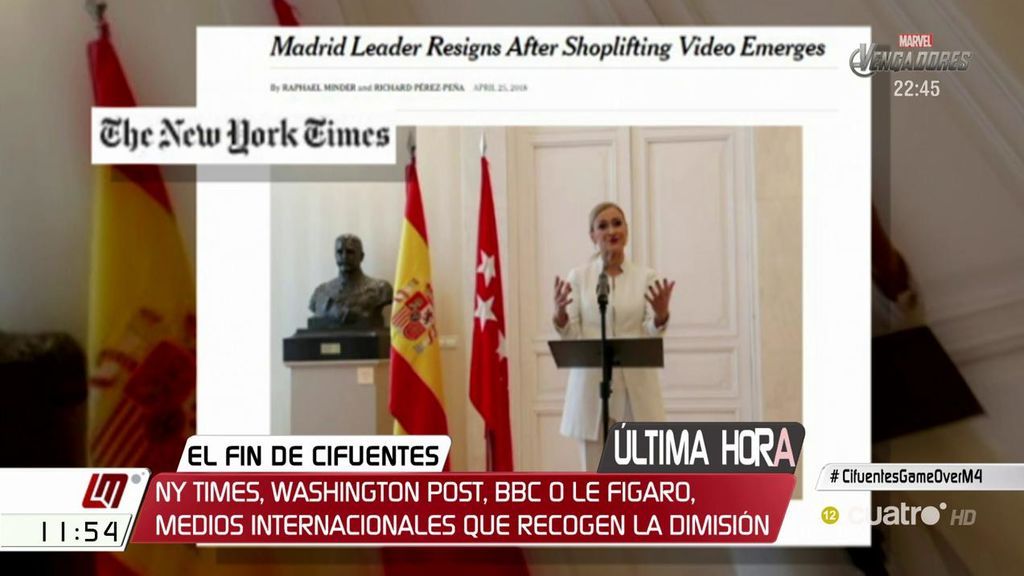 La noticia de la dimisión de Cifuentes por el escándalo llega a los medios internacionales