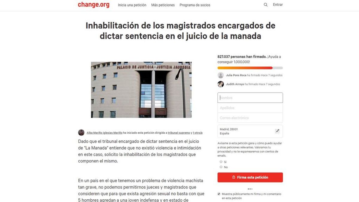 Más de 800.000 firmas piden la inhabilitación de los jueces del caso 'Manada'