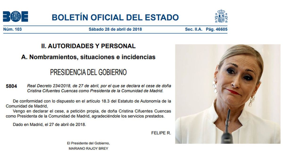 El BOE publica el cese de Cifuentes como presidenta de la Comunidad de Madrid
