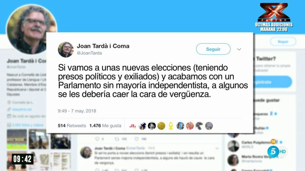 Joan Tardà: "si hay elecciones y no hay mayoría independentista a algunos se les debería caer la cara de vergüenza"