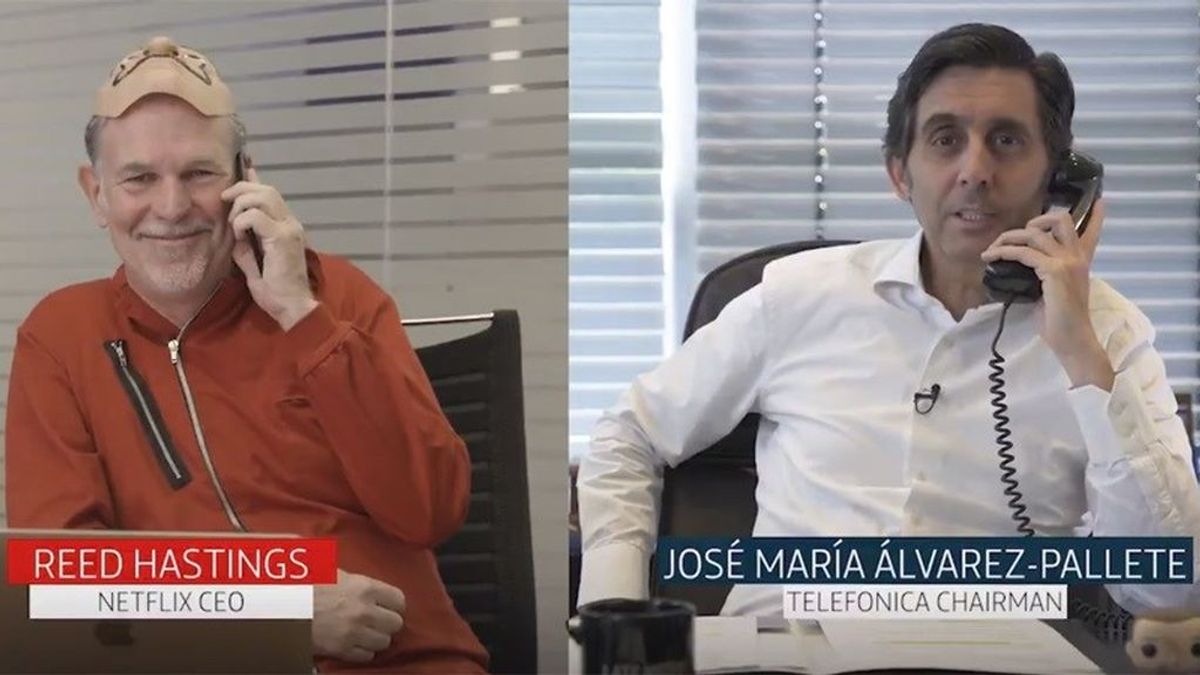 Imagen del vídeo en Twitter en el que Reed Hastings (Netflix) y José María Álvarez-Pallete (Telefónica) han anunciado el acuerdo.